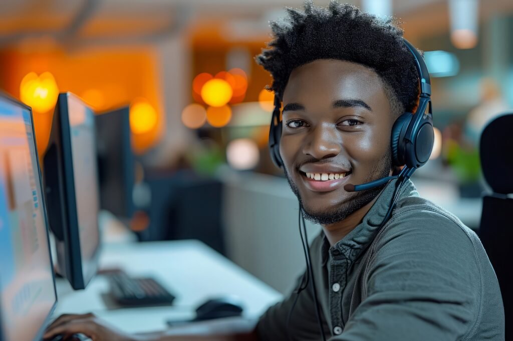 téléconseiller homme au casque avec sourire aux lèvres